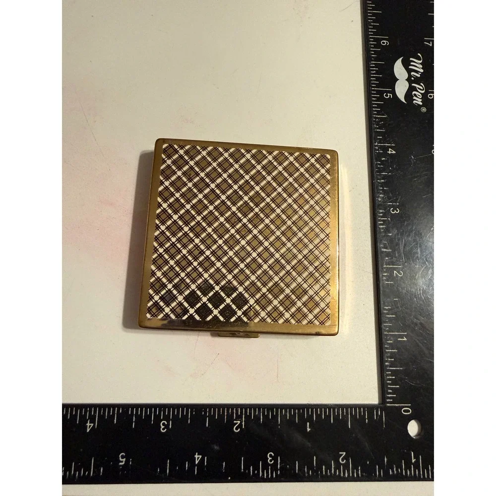 Harriet Hubbard Ayer Vintage Gold Tone Plaid Powder Compact with Mirror & Puff